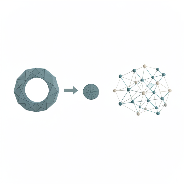 AI-generated conceptual illustration (Abstract mathematical structures represented as geometric manifolds and interconnected nodes). It explains the idea and does not show study data.