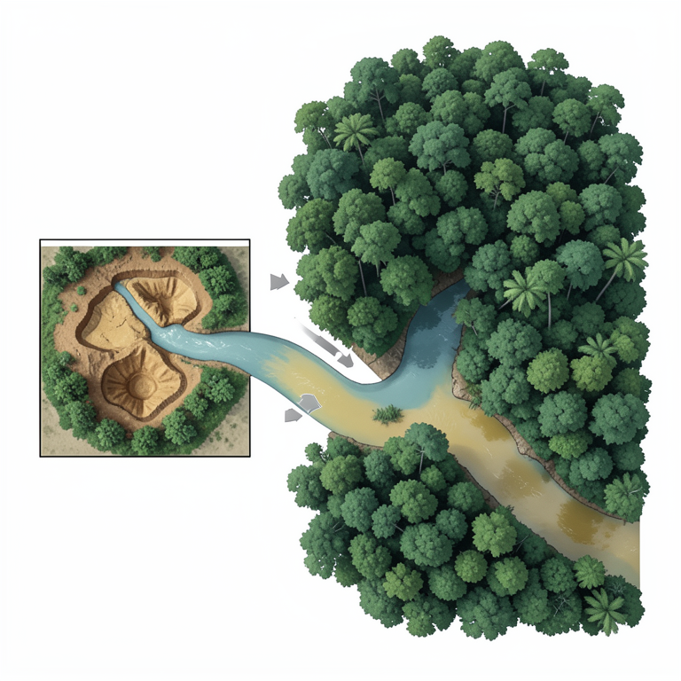 AI-generated conceptual illustration (Artisanal gold mining sites and river networks in the Guiana Shield rainforest). It explains the idea and does not show study data.