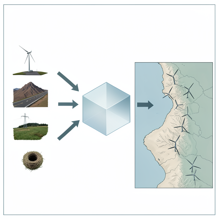 AI-generated conceptual illustration (Patagonian coastal plains with wind turbines). It explains the idea and does not show study data.