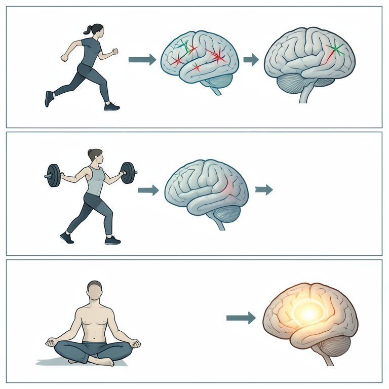 AI-generated conceptual illustration (human brain and body in different exercise and sleep states). It explains the idea and does not show study data.