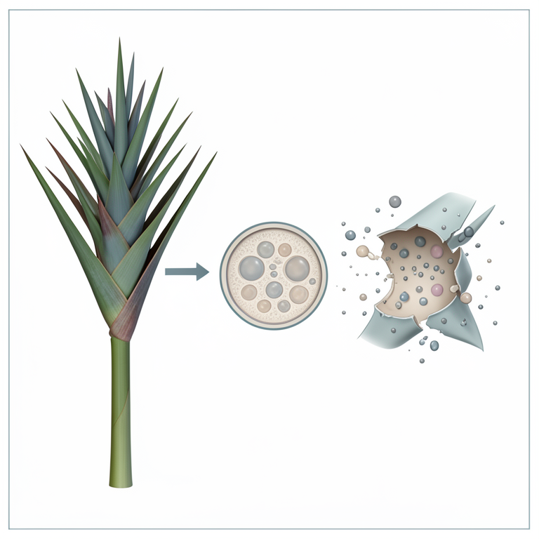 AI-generated conceptual illustration (Pandanus odoratissimus male inflorescence and a bacterial cell). It explains the idea and does not show study data.