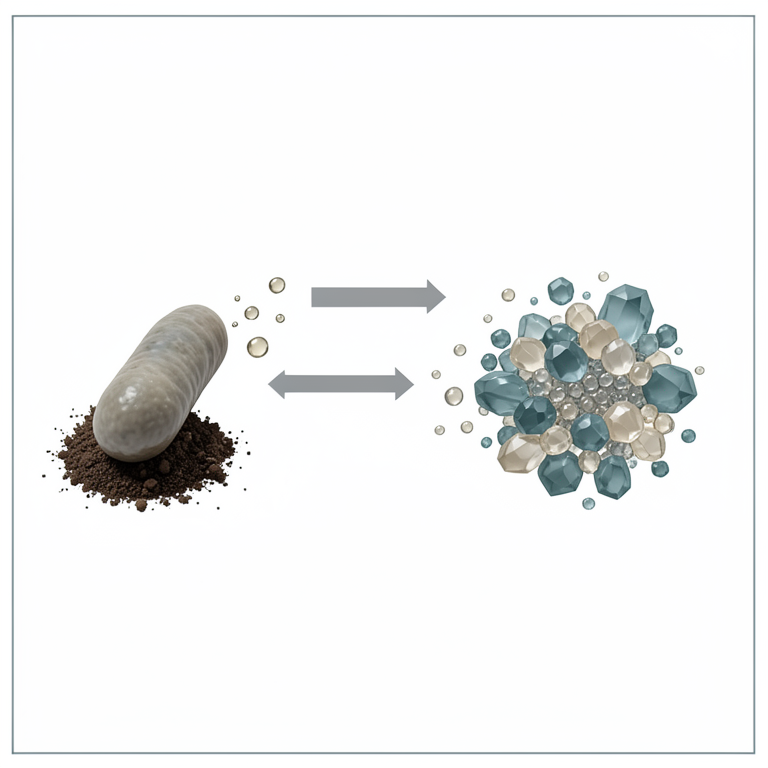 AI-generated conceptual illustration (soil bacteria and mineral phosphate crystals). It explains the idea and does not show study data.