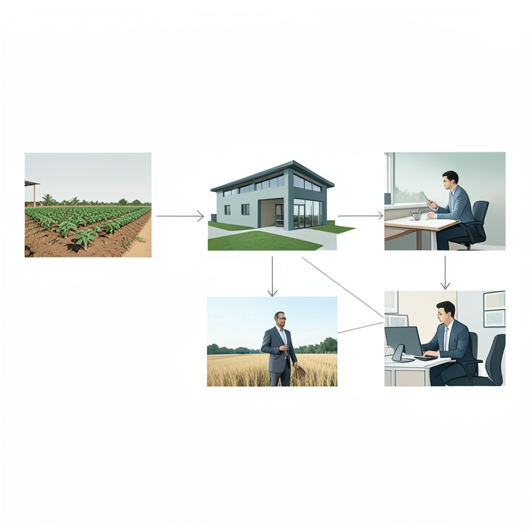 AI-generated conceptual illustration (Indian agricultural entrepreneurs and farming infrastructure). It explains the idea and does not show study data.