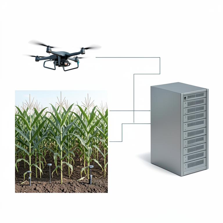 AI-generated conceptual illustration (a corn field with soil sensors and a drone). It explains the idea and does not show study data.