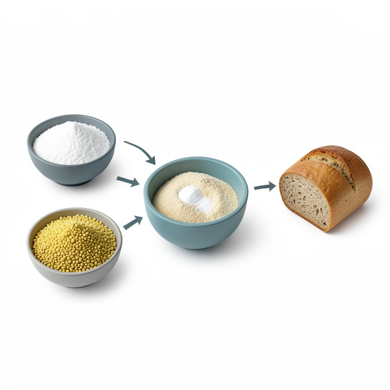 AI-generated conceptual illustration (rice flour, chickpea flour, and gluten-free bread). It explains the idea and does not show study data.