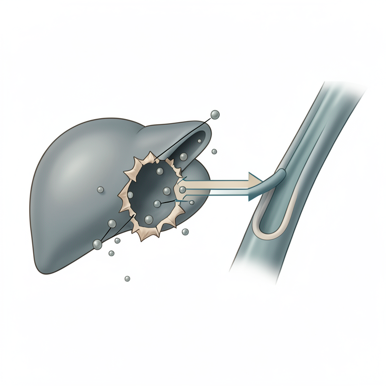 AI-generated conceptual illustration (human hepatocyte and blood capillary). It explains the idea and does not show study data.