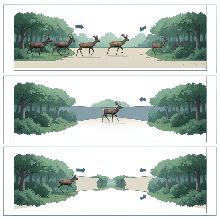 AI-generated conceptual illustration (Large mammals in fragmented forest habitats). It explains the idea and does not show study data.