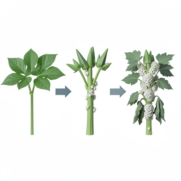AI-generated conceptual illustration (okra plants infested with mealybugs (Phenacoccus solenopsis)). It explains the idea and does not show study data.