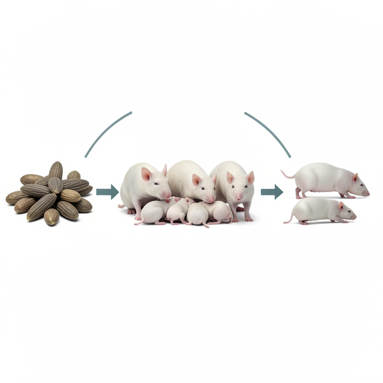 AI-generated conceptual illustration (female Wistar rats and Aframomum melegueta seeds). It explains the idea and does not show study data.