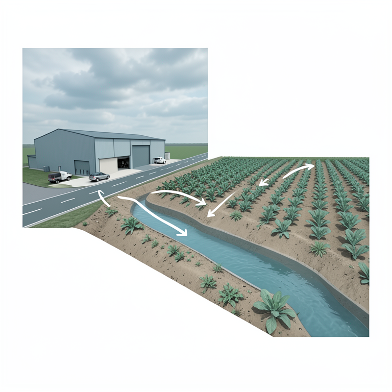 AI-generated conceptual illustration (vegetable farm with irrigation water and sediment). It explains the idea and does not show study data.
