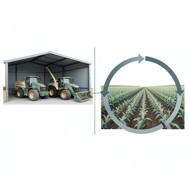 AI-generated conceptual illustration (Agricultural machinery and a small-scale farm field). It explains the idea and does not show study data.