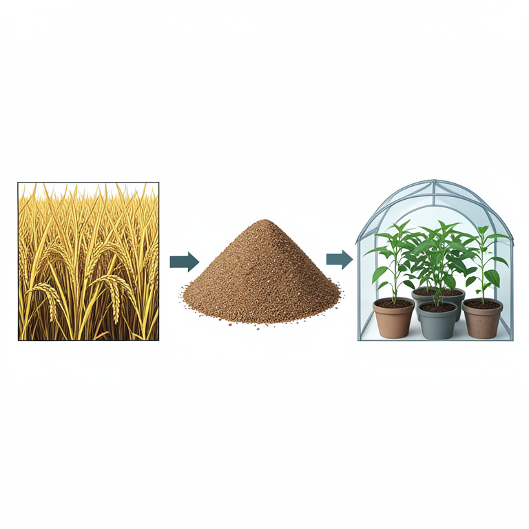 AI-generated conceptual illustration (paddy stubble and chilli seedlings in a poly tunnel). It explains the idea and does not show study data.
