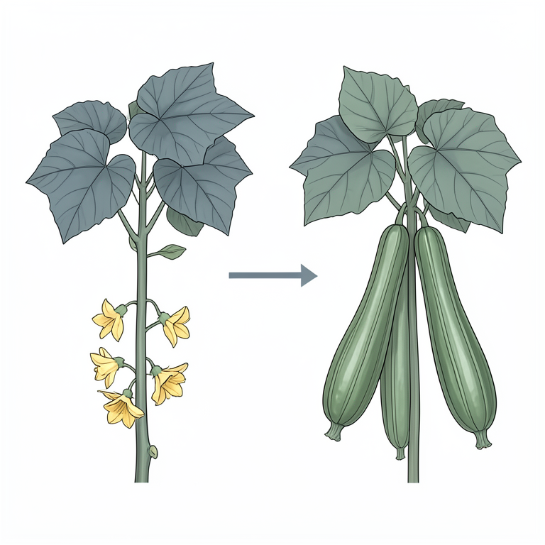 AI-generated conceptual illustration (ridge gourd plants (Luffa acutangula L.)). It explains the idea and does not show study data.