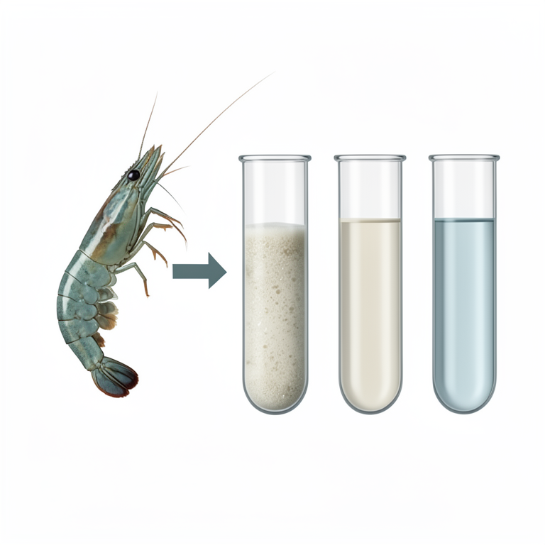 AI-generated conceptual illustration (Macrobrachium dayanum prawn shells and Gram-negative bacteria in test tubes). It explains the idea and does not show study data.