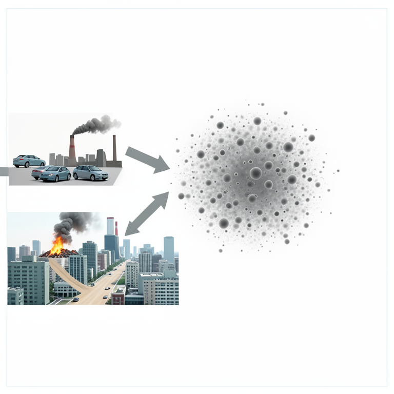 AI-generated conceptual illustration (Urban metropolitan cityscape with atmospheric particulate matter). It explains the idea and does not show study data.