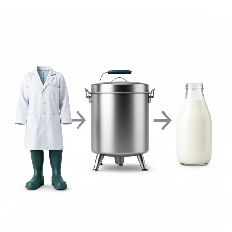 AI-generated conceptual illustration (Dairy processing staff and raw milk). It explains the idea and does not show study data.