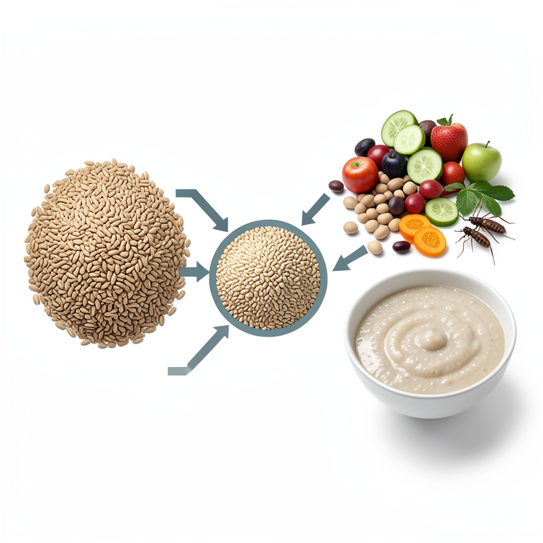 AI-generated conceptual illustration (cereal grains, legumes, vegetables, fruits, and edible insects). It explains the idea and does not show study data.