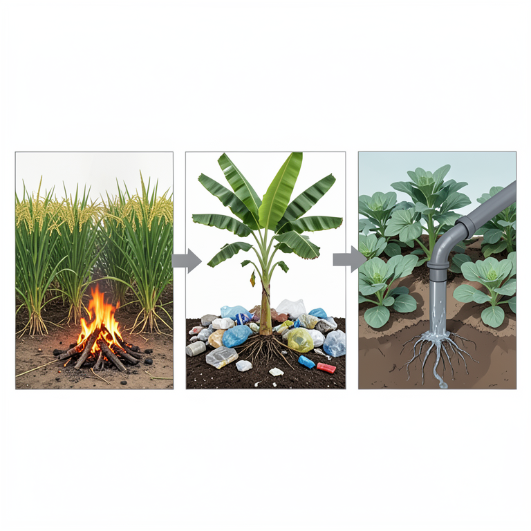 AI-generated conceptual illustration (Rice plants, banana plants, and vegetable crops in agricultural fields). It explains the idea and does not show study data.