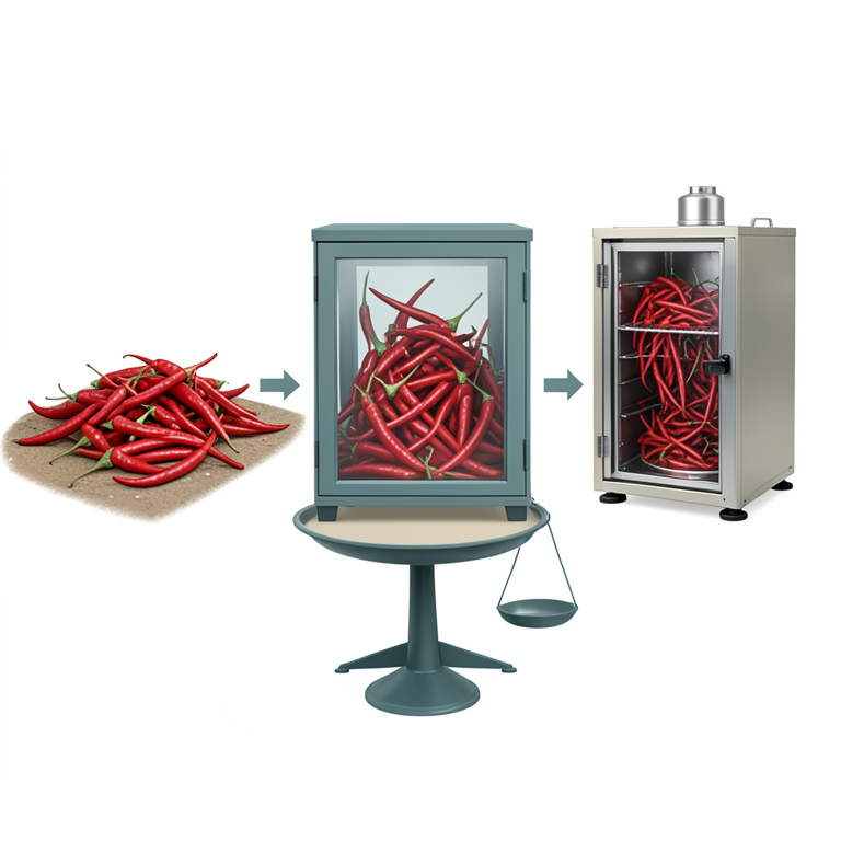 AI-generated conceptual illustration (Chili peppers and drying equipment). It explains the idea and does not show study data.