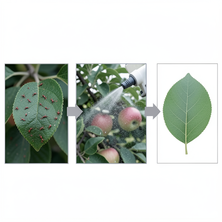 AI-generated conceptual illustration (apple trees and spider mites (Tetranychus urticae)). It explains the idea and does not show study data.