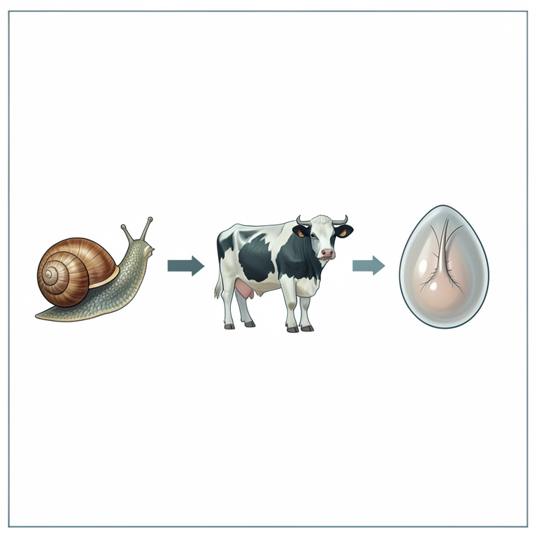 AI-generated conceptual illustration (Bovine cattle, freshwater snails, and Schistosoma spindale eggs). It explains the idea and does not show study data.