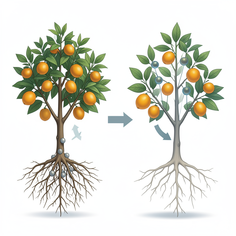 AI-generated conceptual illustration (citrus trees with contrasting rootstocks). It explains the idea and does not show study data.