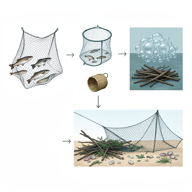 AI-generated conceptual illustration (Artisanal fishing gear in Ghana). It explains the idea and does not show study data.