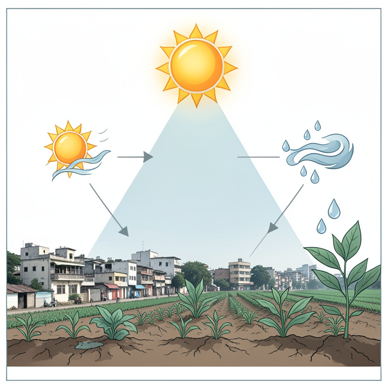 AI-generated conceptual illustration (A landscape of Madurai, India, featuring urban buildings and agricultural fields under a bright sun). It explains the idea and does not show study data.