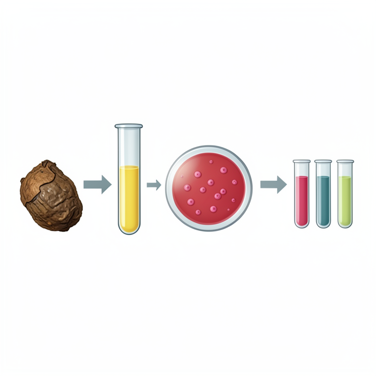 AI-generated conceptual illustration (Bali cattle faeces and laboratory culture media). It explains the idea and does not show study data.