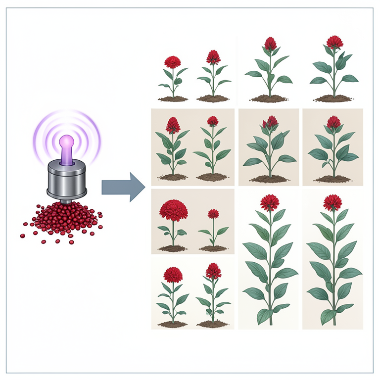 AI-generated conceptual illustration (red Amaranthus seeds and plants). It explains the idea and does not show study data.