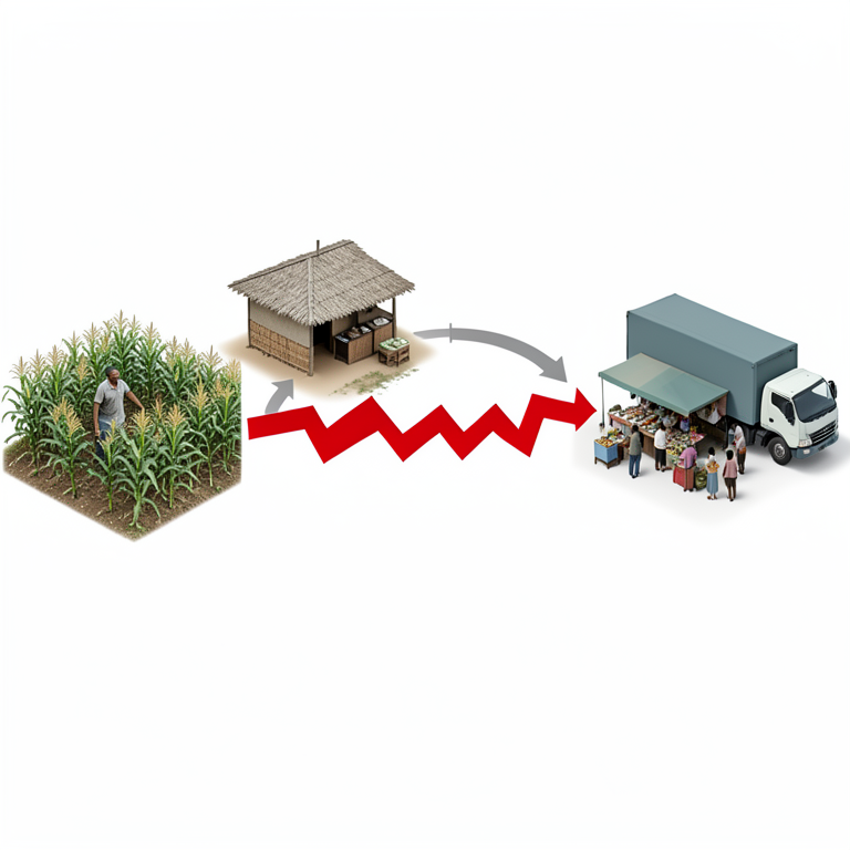 AI-generated conceptual illustration (Nigerian agricultural postharvest value chain (cassava and maize crops, rural processing huts, open-air markets, and old). It explains the idea and does not show study data.