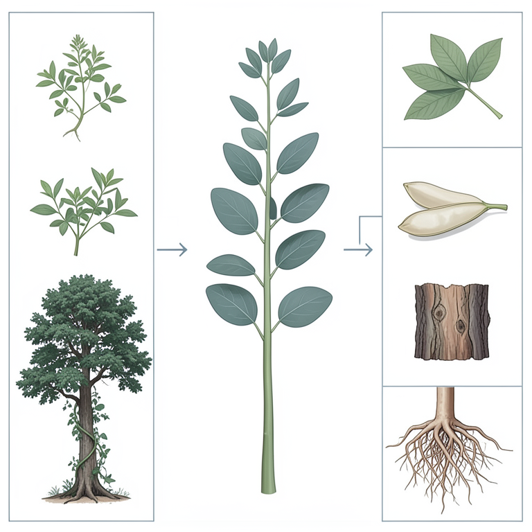 AI-generated conceptual illustration (Fabaceae medicinal plants (herbs, shrubs, trees, and climbers)). It explains the idea and does not show study data.