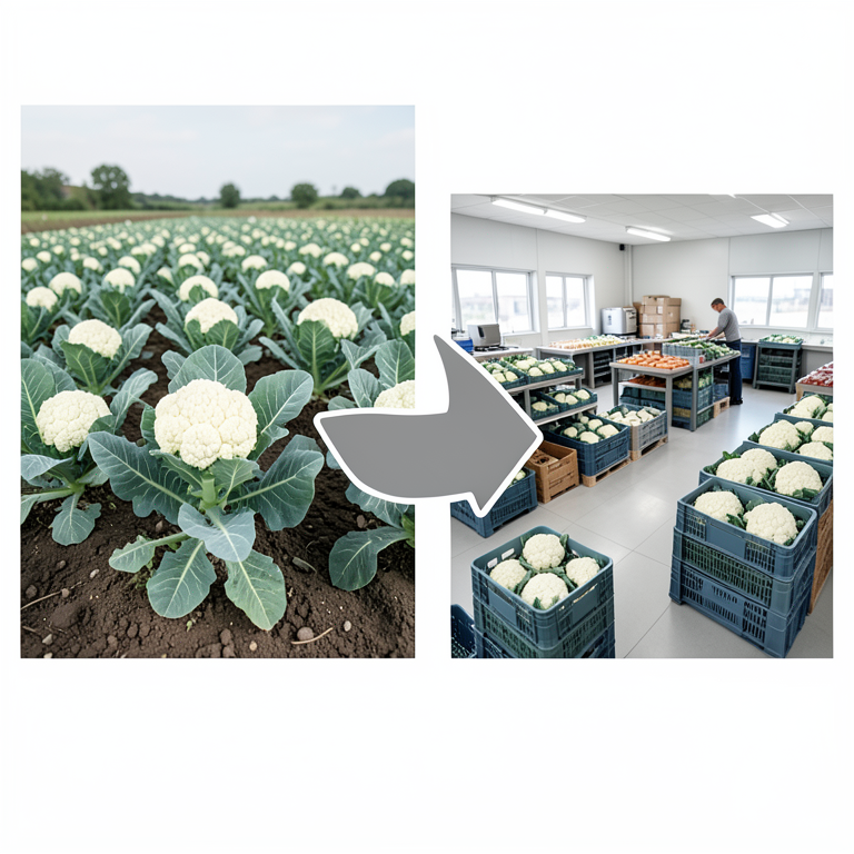 AI-generated conceptual illustration (cauliflower plants and a wholesale vegetable market). It explains the idea and does not show study data.