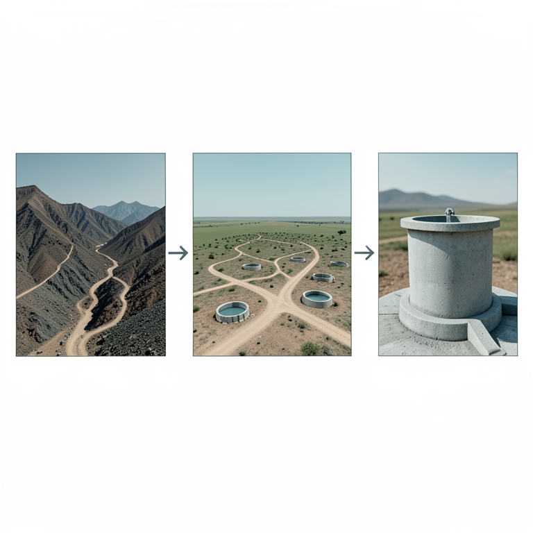 AI-generated conceptual illustration (Rural Sub-Saharan landscape with water wells and roads). It explains the idea and does not show study data.