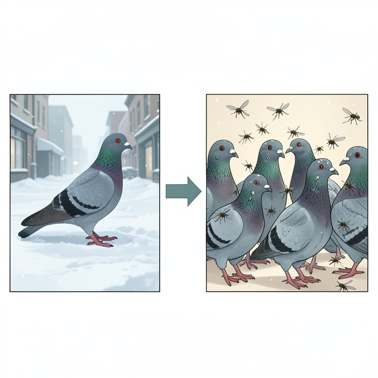 AI-generated conceptual illustration (Rock pigeons (Columba livia) and mosquitoes). It explains the idea and does not show study data.