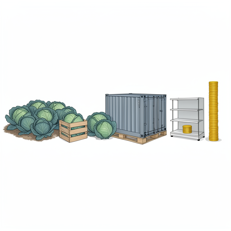 AI-generated conceptual illustration (Cabbage plants and heads in a supply chain). It explains the idea and does not show study data.