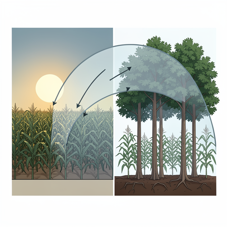 AI-generated conceptual illustration (Maize crops integrated with walnut trees in a rural landscape). It explains the idea and does not show study data.