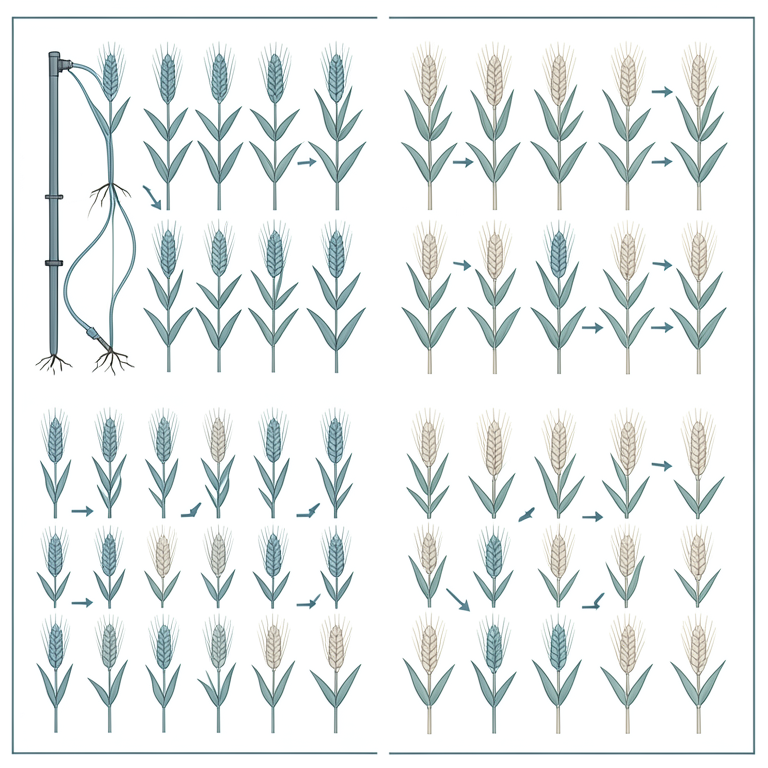 AI-generated conceptual illustration (wheat plants (Triticum aestivum L.)). It explains the idea and does not show study data.