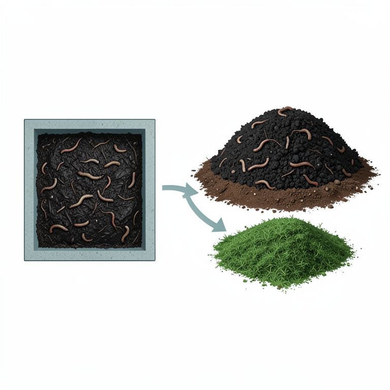 AI-generated conceptual illustration (dairy effluent sludge and earthworms). It explains the idea and does not show study data.