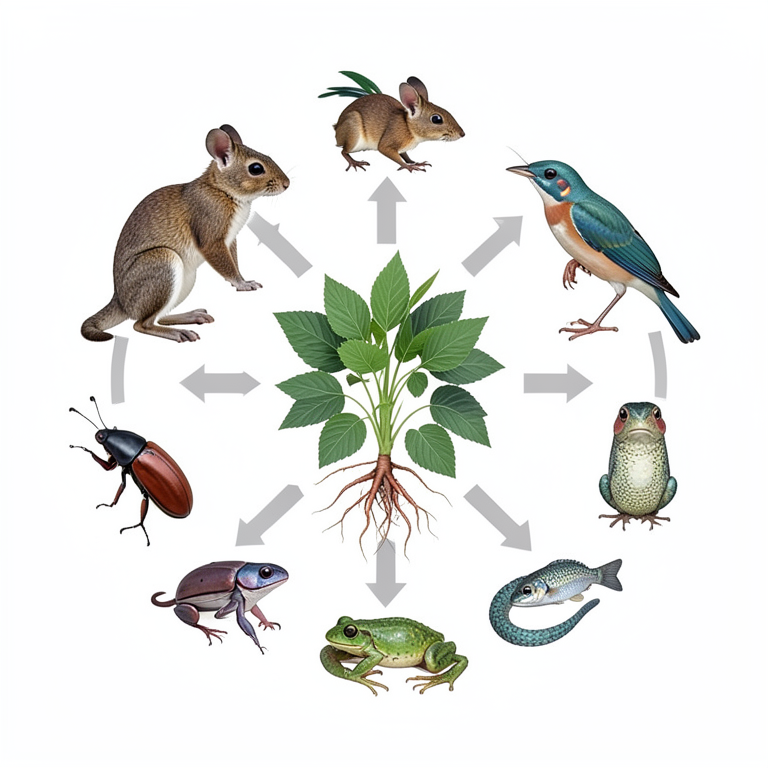 AI-generated conceptual illustration (Assamese flora and fauna including medicinal plants, mammals, birds, insects, and reptiles). It explains the idea and does not show study data.
