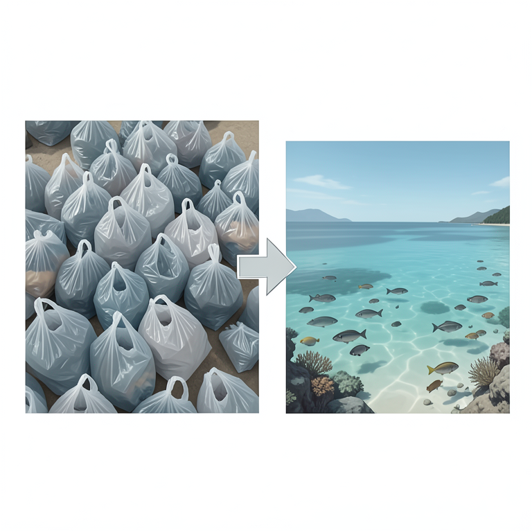 AI-generated conceptual illustration (single-use plastic shopping bags and coastal marine environments). It explains the idea and does not show study data.