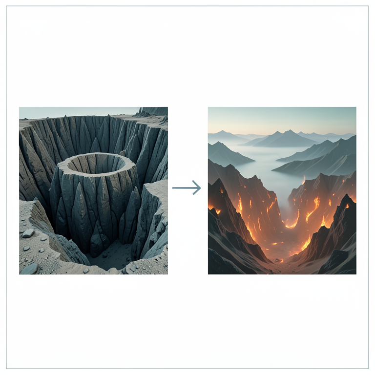 AI-generated conceptual illustration (volcanic craters, deep subterranean caverns, and jagged basalt cliffs). It explains the idea and does not show study data.