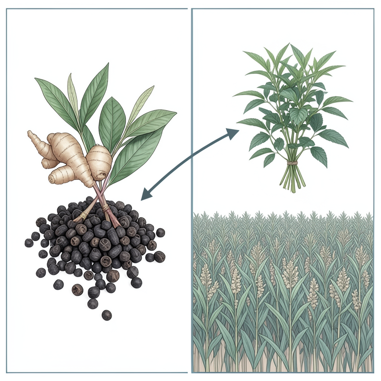 AI-generated conceptual illustration (Ginger, black pepper, large cardamom, and turmeric plants). It explains the idea and does not show study data.