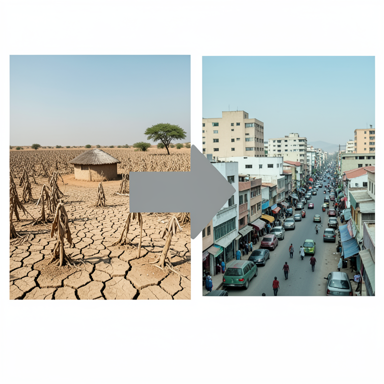 AI-generated conceptual illustration (Somali rural landscapes and urban centers). It explains the idea and does not show study data.