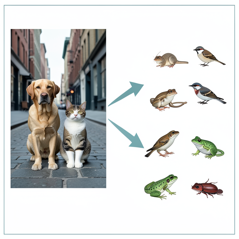 AI-generated conceptual illustration (free-ranging domestic dogs, domestic cats, and urban wildlife (small mammals, birds, reptiles, amphibians, fish, and昆虫)). It explains the idea and does not show study data.