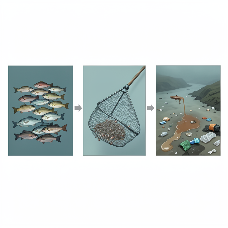 AI-generated conceptual illustration (Marine fish populations and fishing gear along the Tamil Nadu coast). It explains the idea and does not show study data.