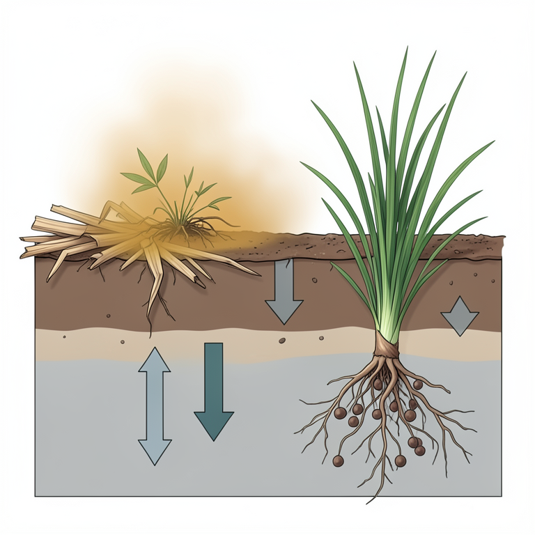AI-generated conceptual illustration (Sorghum residues, wheat plants, and Cyperus rotundus sedge in a soil cross-section). It explains the idea and does not show study data.