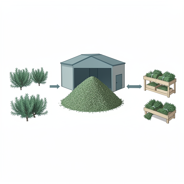 AI-generated conceptual illustration (Rosemary plants (Rosmarinus officinalis L.) and logistics). It explains the idea and does not show study data.