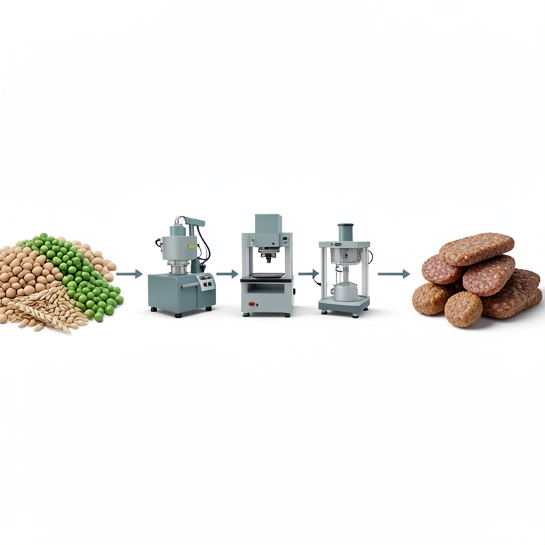 AI-generated conceptual illustration (soy, pea, and wheat proteins processed into meat analogues). It explains the idea and does not show study data.