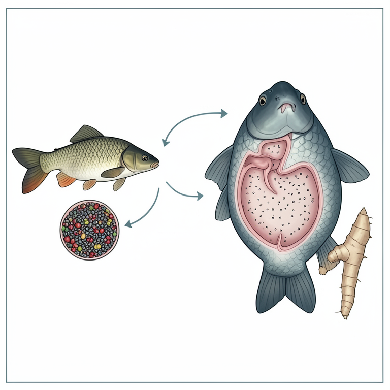 AI-generated conceptual illustration (common carp (Cyprinus carpio)). It explains the idea and does not show study data.